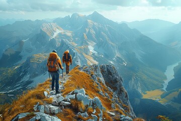 Two hikers exploring a mountainous landscape under a cloudy sky