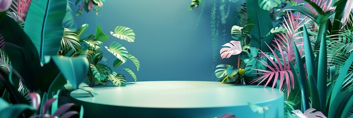A vibrant podium surrounded by lush tropical foliage, perfect for product displays with a tropical feel and copy space.