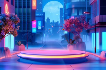 This 3D-rendered podium, with its radiant glow, is set on a city street under a full moon, providing a futuristic setting for product demonstrations with ample copy space in the sky. - obrazy, fototapety, plakaty