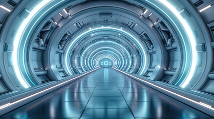 Obraz premium A sleek futuristic blue tunnel illuminated with neon lights, symbolizing technology and progress