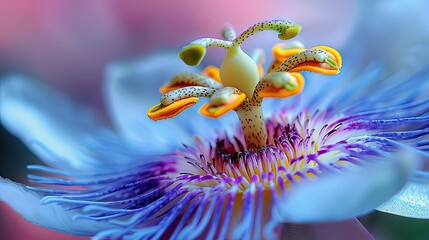 Macro shot of a passion flower's stamen and petals with delicate detail, soft tones, fine details, high resolution, high detail, 32K Ultra HD, copyspace