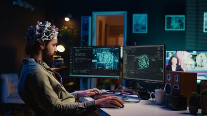 Computer engineer trying to make EEG headset work, researching brain machine transferring. Man doing SF online consciousness uploading, trying to transcend out of simulation, camera B