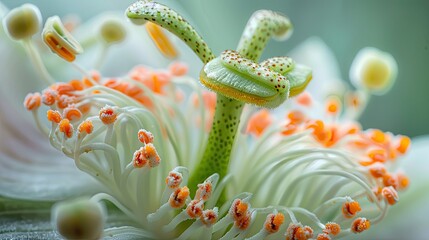 Macro shot of a passion flower's stamen and petals with delicate detail, soft tones, fine details, high resolution, high detail, 32K Ultra HD, copyspace