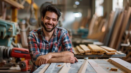 Obraz premium Happy bearded man in a flannel shirt smiling in a wood workshop filled with timber and tools