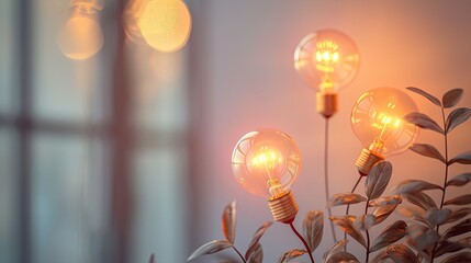 Warm glowing light bulbs on a soft background conveying creativity, soft tones, fine details, high resolution, high detail, 32K Ultra HD, copyspace - obrazy, fototapety, plakaty