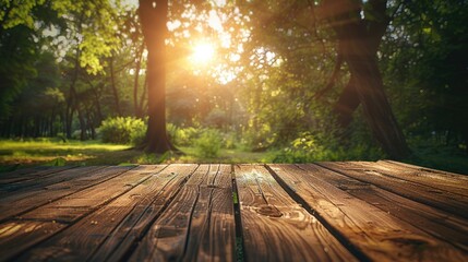 Warm sunshine over a wooden table in a lush nature park, soft tones, fine details, high resolution,...