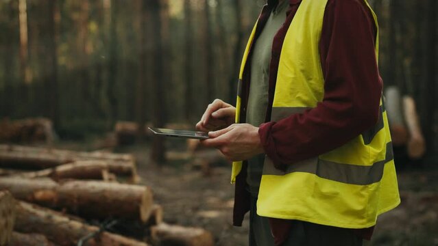 A senior logger engineer stands among the green trees, his eyes focused on the tablet screen. Wearing a bright vest and safety helmet, he controls the cutting process