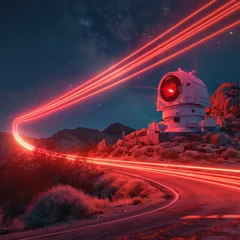 Foto auf Acrylglas Futuristic Telescope Emitting Mesmerizing Red Light Trails in Dramatic Desert Landscape © Sittichok