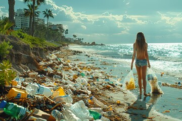 A woman strolls along a polluted beach with litter, under the clear sky