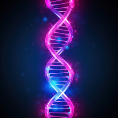Purple DNA strand with neon glow effect on black background. Abstract representation of shiny, glowing DNA molecule. Science and research concept.