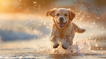 dog runs splash in water at the beach