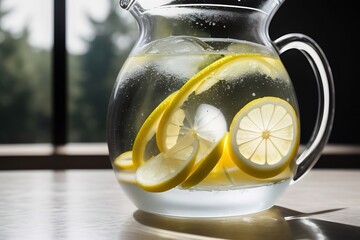 A glass jug filled with water, infused with slices of vibrant lemons.