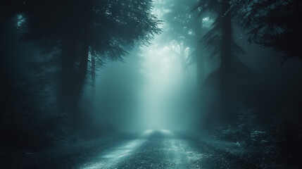 Mysterious ghostly forest with a path leading towards the light. Cyan tones. Softly glowing road surrounded by eerie dark trees. Misty haunted landscape.