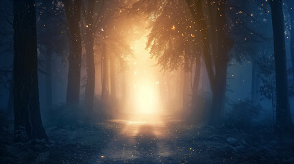 Path leading through the mysterious enchanted forest towards the golden light. Illuminated road surrounded by dark trees. Magical misty landscape filled with sparkling energy of nature.