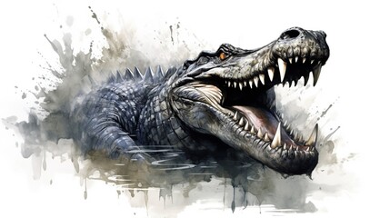 Fototapeta premium Angry crocodile in watercolor hand drawn style isolated on white background.
