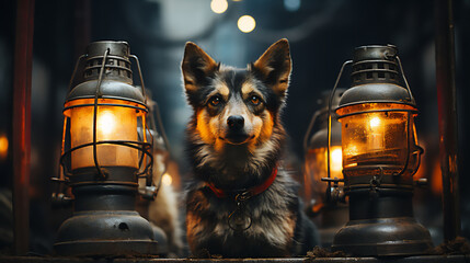 Dog sitting between oil lamps without light