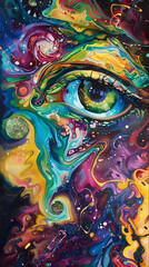 abstract colorful picture depicting a eye human amid swirls of bright colors and fancy shapes. intuition concept, inner eye