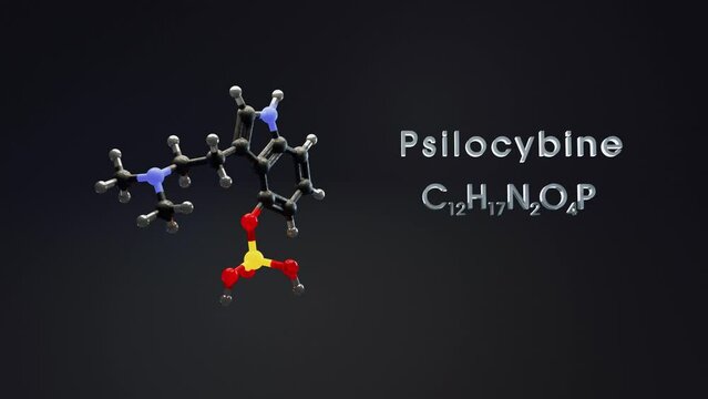 Molecular structure of psilocybin C12H17N2O4P - 3D vertical render animation