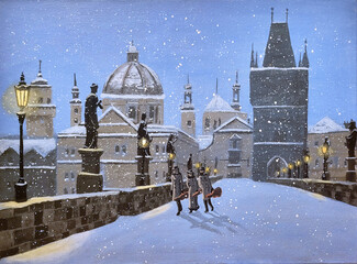 Musicians cross the Karluv Most in Prague on a snowy winter evening.  