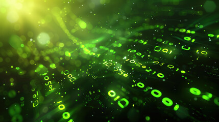 Abstract background with glowing green numbers and shining light. Random digits abstract, technology concept. Cyberspace, computer programming, information coding.