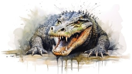 Obraz premium Angry crocodile in watercolor hand drawn style isolated on white background.