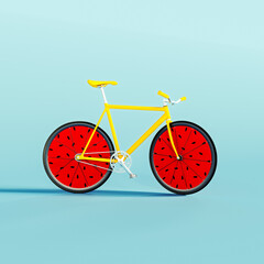 Yellow bicycle with watermelon wheels on blue background. Summer concept design. 3D Rendering, 3D Illustration - 782515514