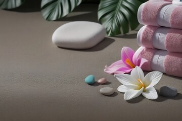 Immerse in the tranquility of a spa retreat with this image. It showcases a harmonious blend of smooth spa stones and vibrant flowers, symbols of relaxation and rejuvenation.