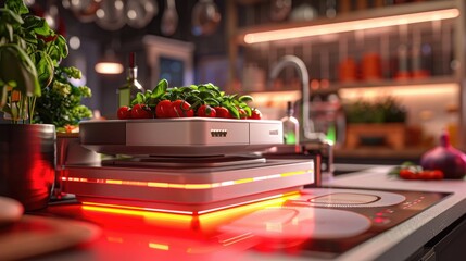 Innovative Robotic Kitchen Scale with Dynamic Red Light Trails Highlighting Culinary Technology Advancements