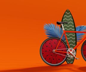 Summer concept background with copy space. Bicycle with surf board and palm leaf on vibrant orange background. 3D Rendering, 3D Illustration - 782515576