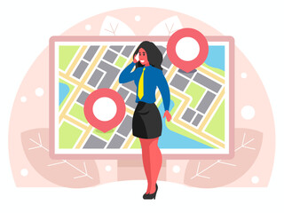 Woman ordering a taxi by phone. Navigation map with pins on computer display. Building a route. GPS navigator with red pinpoint. City map with point markers. Businesswoman talking on the smartphone © Vectors