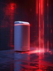 Futuristic White Robotic Trash Compactor Emitting Mesmerizing Red Light Trails Showcasing Advancements in Waste Disposal Technology - obrazy, fototapety, plakaty