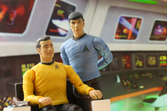NEW YORK USA, JULY 9 2018: Scene from Star Trek the Original Series - Captain James T Kirk and First Officer Mr. Spock aboard the bridge of the USS Enterprise - Art Asylum action figures