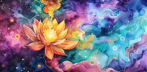 Watercolor Illustration of a Lotus On Beautiful Fantasy Colorful Background. aura of energy surreal fantasy light flashing beautiful light spectrum bright - obrazy, fototapety, plakaty