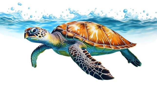 Cute sea turtle in hand drawn style design isolated on white background.