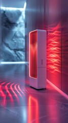 Innovative Robotic Air Purifier with Dynamic Red Light Trails Showcasing Smart Indoor Air Management
