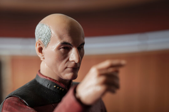 NEW YORK USA, MAY 27 2019: Recreation of a scene from Star Trek Next Generation with a likeness of Sir Patrick Stewart as Captain Jean-Luc Picard in his ready room - Make it so - McFarlane figure