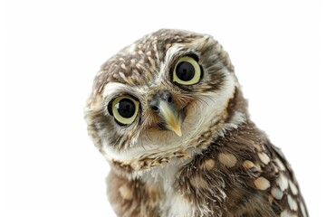 Fototapeta premium A highly detailed close-up of a young owl with immense, curious eyes and intricate feather patterns on a white background