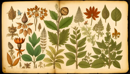 Pages from a vintage book with drawings of plants on old yellowed and stained paper. - 782518128