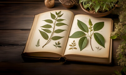 Book with vintage drawings of plants on old yellowed and stained paper lying on a wooden table. - 782518177