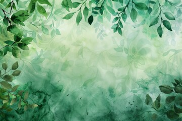 Green watercolor painting of leaves on a foliagefilled background