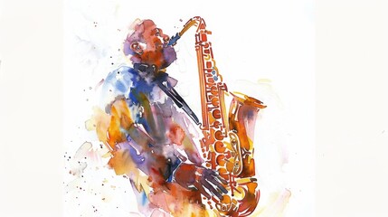 Watercolor painting captures a passionate saxophonist engrossed in music, face omitted - obrazy, fototapety, plakaty