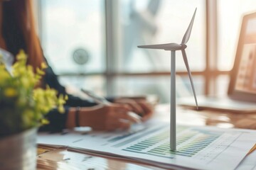 An eco-friendly miniature wind turbine on a work desk, symbolizing sustainable energy practices