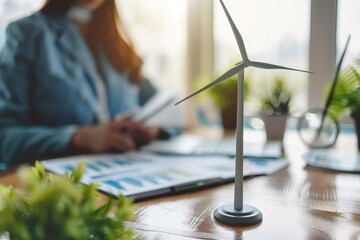 An office setting with a person analyzing reports next to a miniature wind turbine model, representing sustainable energy - obrazy, fototapety, plakaty