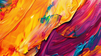 Bold strokes of vibrant hues converge fluidly, producing an energetic gradient pattern.