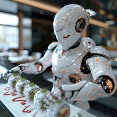 Futuristic Robotic Chef Precisely Crafting Delicate Sushi Rolls with Technological Elegance - obrazy, fototapety, plakaty