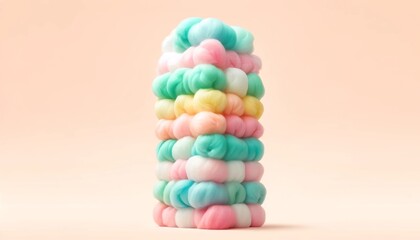 A stack of pastel-colored cotton candy in a soft and fluffy arrangement.