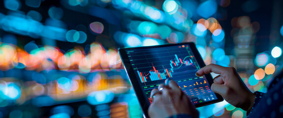 A hand taps on a tablet screen, displaying vibrant trading graphs against a bokeh-lit urban night, symbolizing modern finance and connectivity. Banner. Copy space