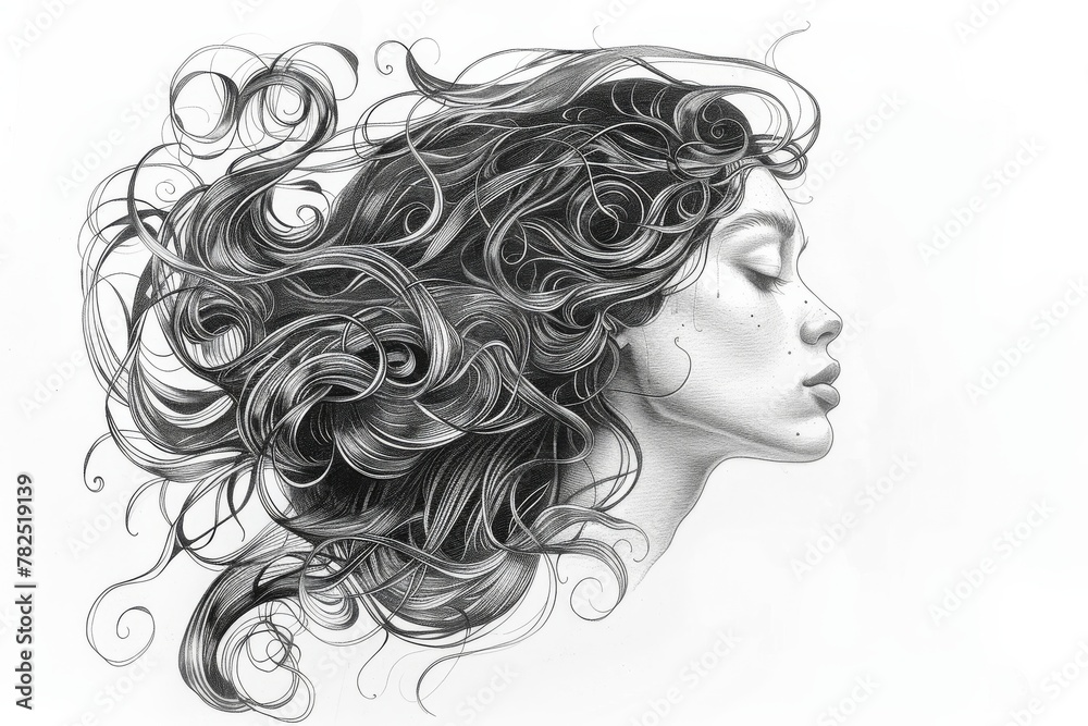 Aufkleber a visually striking illustration of curly hair with detailed patterns, partially hiding the face wit