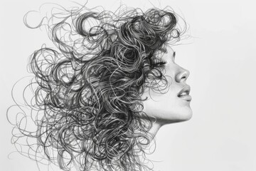 A meticulously detailed sketch showcasing the complex patterns and textures of hair strands in black and white