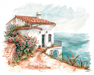 Watercolor illustration of a house on the coast of the Mediterranean Sea